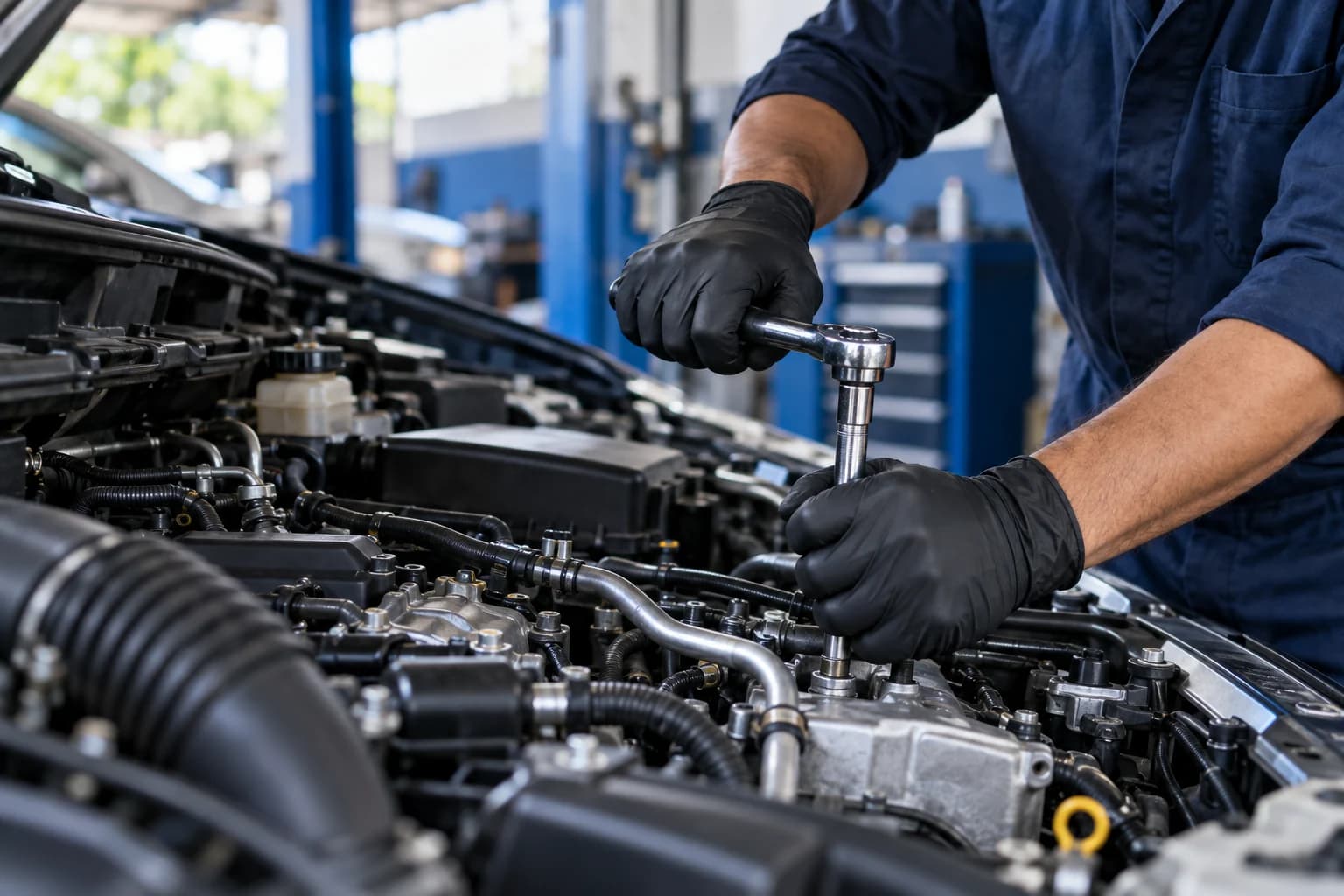 Mecánico trabajando en el motor de un vehículo en El Taller de Don Ronald